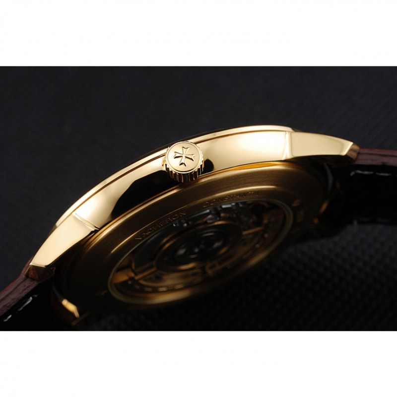 SS Replica Watches Swiss Vacheron Constantin Patrimony Black Dial Gold Case Brown Leather Bracelet 1454179-8