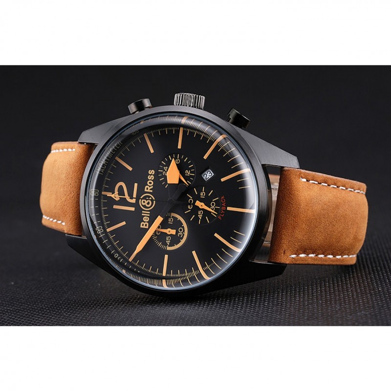 Bell and Ross BR126 Flyback Black Dial Black Case Gold Numerals Brown Suede Leather Strap-3