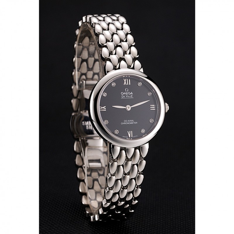 SS Replica Watches Omega De Ville Prestige No Date Dark Grey Dial With Diamonds Stainless Steel Case And Bracelet-2