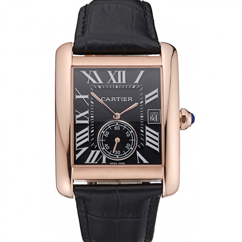 AAA Cartier Tank MC Black Dial Gold Case Black Leather Strap 622580-0