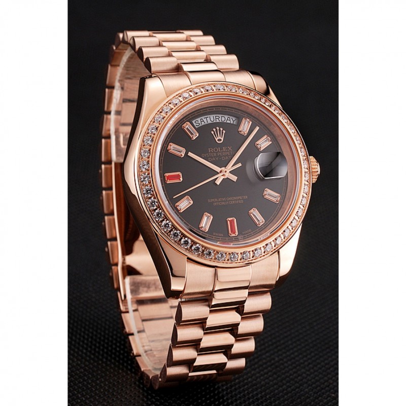 Swiss Rolex Day-Date Diamonds And Rubies Black Dial Rose Gold Bracelet 1454102-2