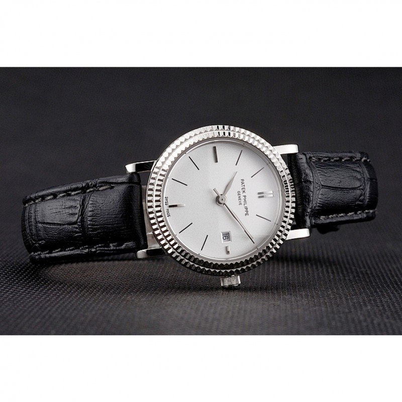 Cheap Patek Philippe Calatrava White Dial Double Ribbed Bezel Stainless Steel Case Black Leather Strap-3