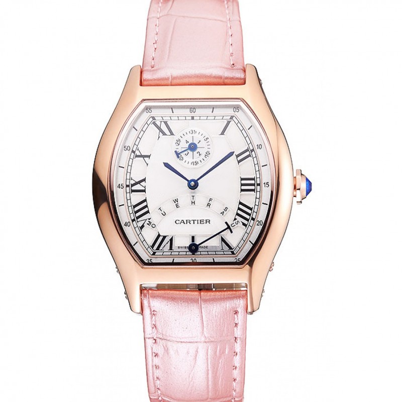 Best Replica Watches Cartier Tortue Perpetual Calendar White Dial Gold Case Pink Leather Strap-0