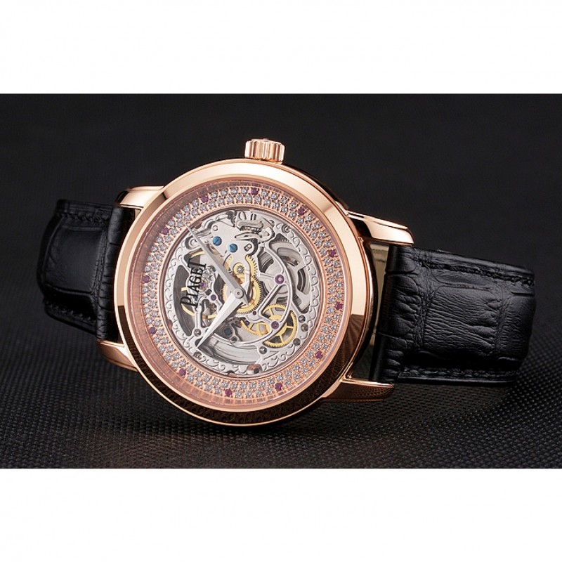 SS Swiss Piaget Altiplano Skeleton Dial With Diamonds Rose Gold Case Black Leather Strap-3