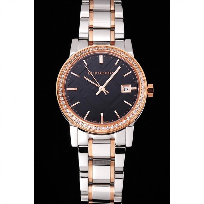 Burberry The City Black Dial Rose Gold Diamond Bezel Stainless Steel Case Two Tone Bracelet-1