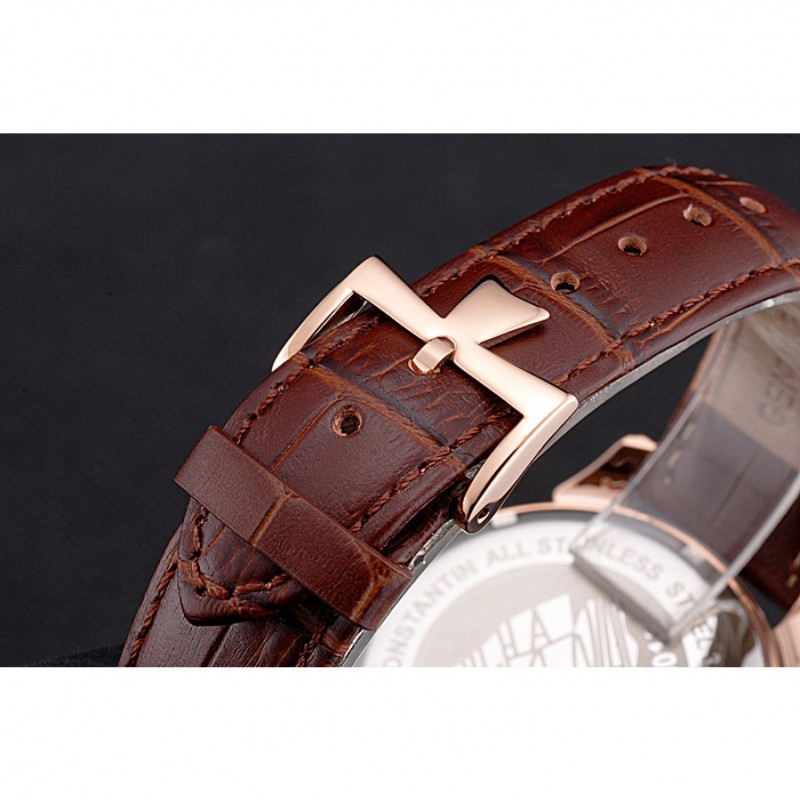 Luxury Vacheron Constantin Traditionnelle White Ship Dial Rose Gold Case With Diamonds Brown Leather Strap-5