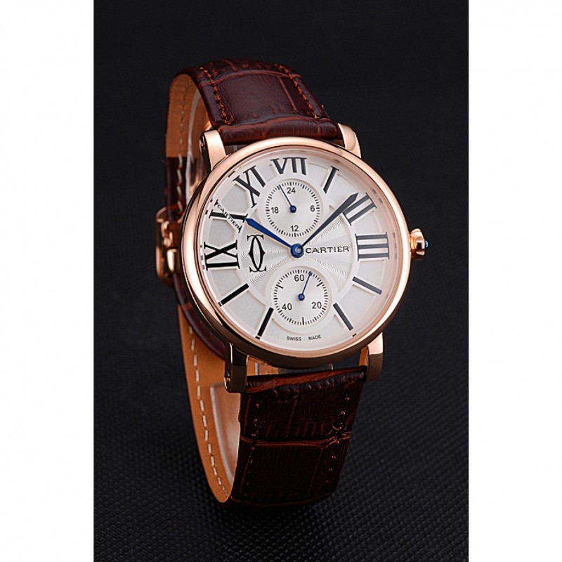 SS Cartier Ronde Second Time Zone White Dial Gold Case Brown Leather Strap 622801-2
