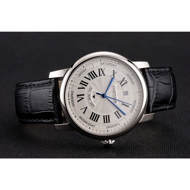 Swiss Cartier Rotonde Annual Calendar White Dial Stainless Steel Case Black Leather Strap-3