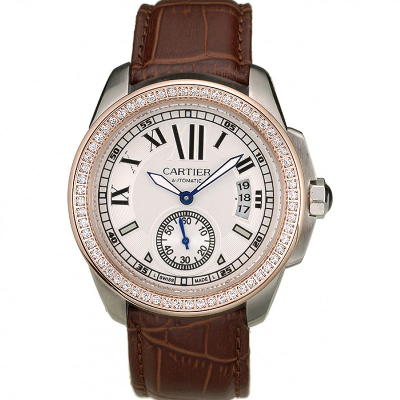 Cartier Calibre White Dial Diamonds Two Tone Case Brown Leather Bracelet-0
