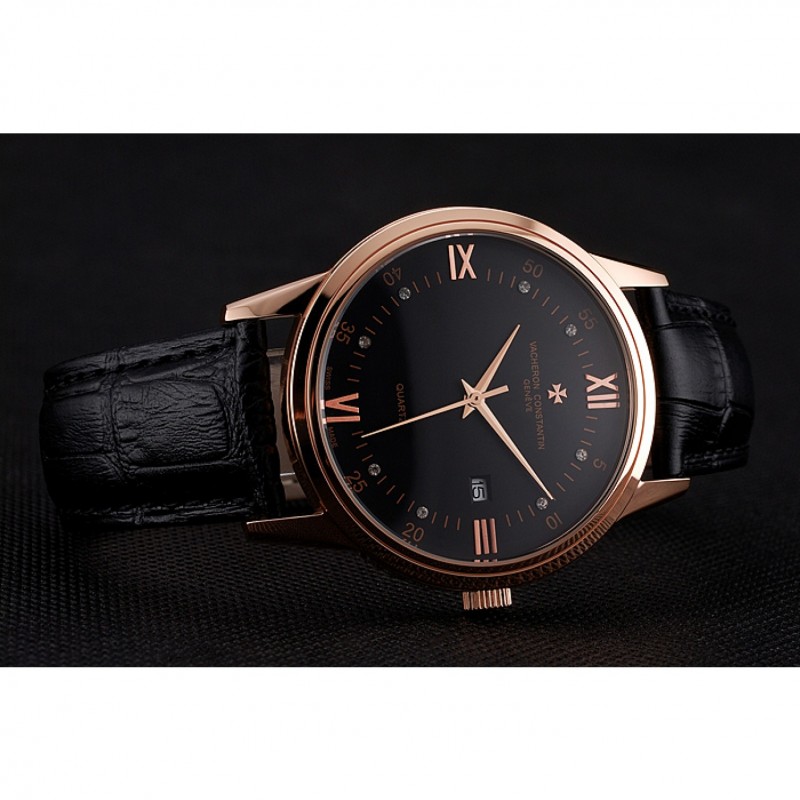 High End Replica Watches Vacheron Constantin Patrimony Chronometre Royal Black Dial Rose Gold Case Black Leather Strap-4