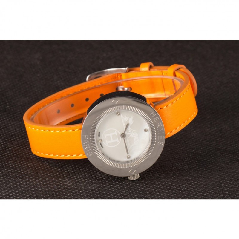 Hermes Classic MOP Dial Orange Leather Bracelet 801390-4