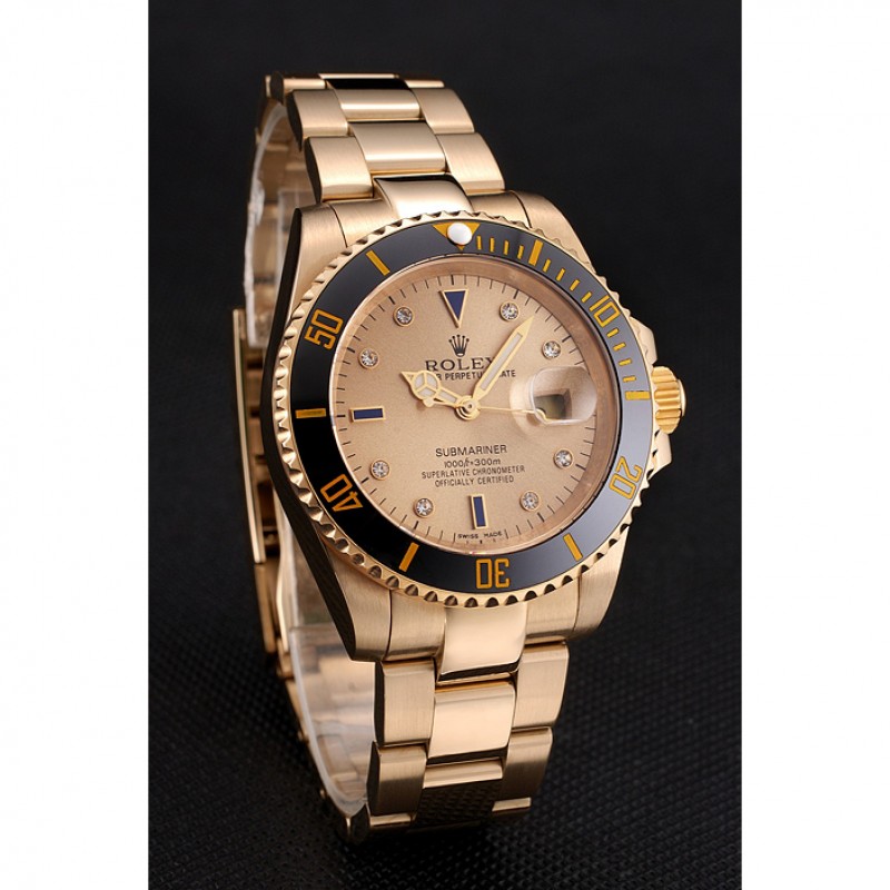 Swiss Rolex Submariner Gold Dial With Diamond Markings Black Bezel Yellow Gold Case And Bracelet-2