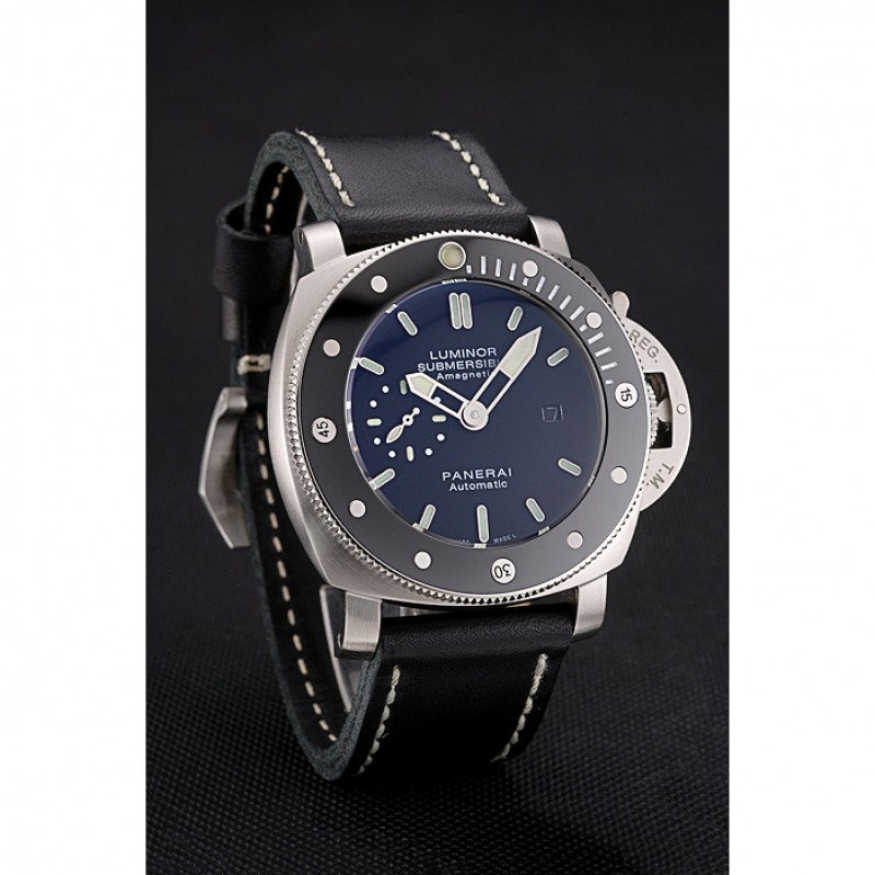 Panerai Luminor Submersible Black Dial Stainless Steel Case Black Bezel Black Leather Strap-2