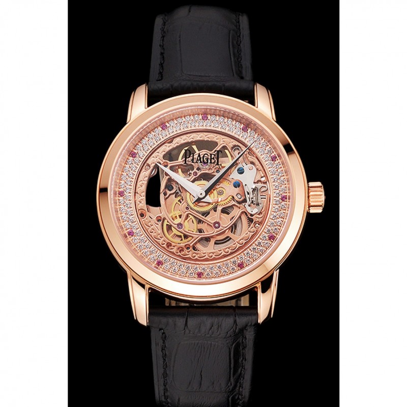 SS Replica Watches Swiss Piaget Altiplano Rose Gold Skeleton Dial With Diamonds Rose Gold Case Black Leather Strap-1