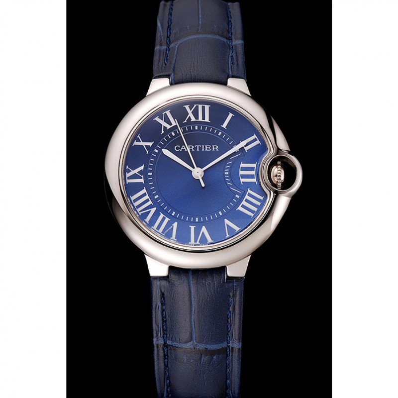 Cartier Ballon Bleu Silver Bezel with Dark Blue Dial and Dark Blue Leather Band 621555-1