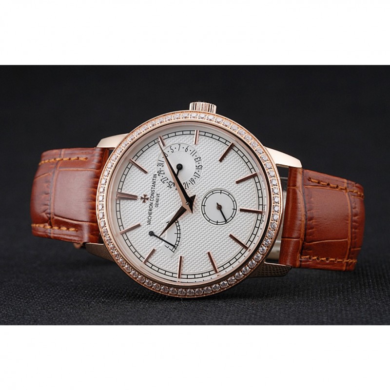 Vacheron Constantin Patrimony Power Reserve White Dial Gold Diamond Case Brown Leather Bracelet 1454268-3