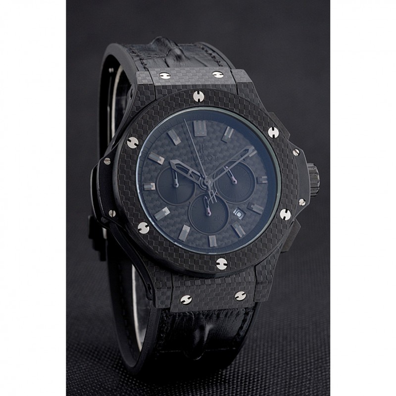 Luxury Hublot Big Bang Carbon Dial Carbon Case And Bezel Black Leather Strap 622773-2