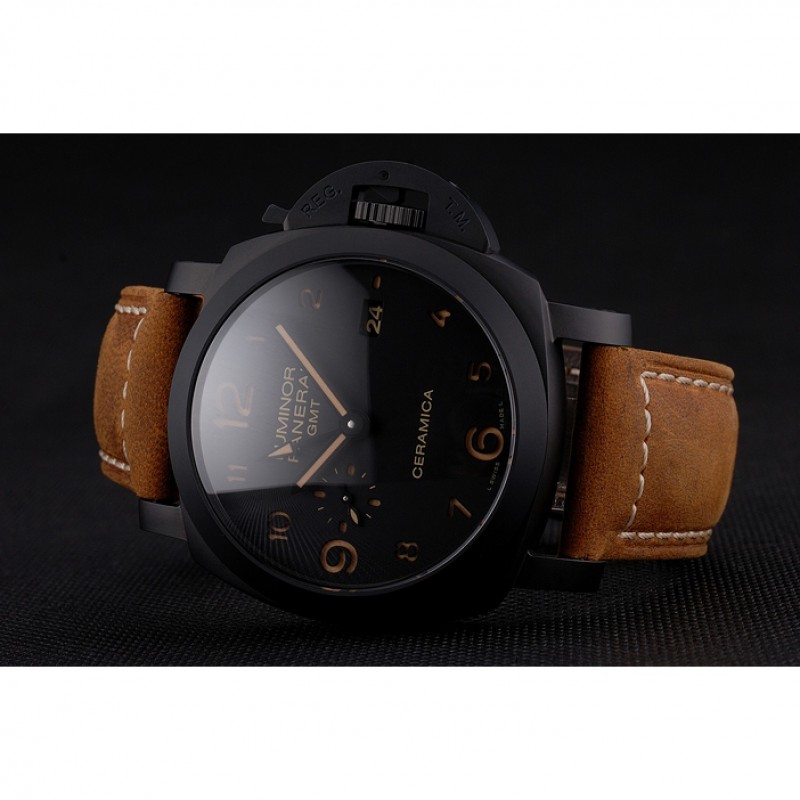 Swiss Panerai Luminor GMT Ceraica Black Dial Black Case Brown Leather Strap-2
