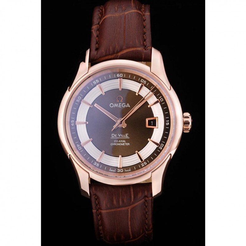 SS Omega Swiss DeVille Rose Gold Bezel Brown Leather Strap 7614-1
