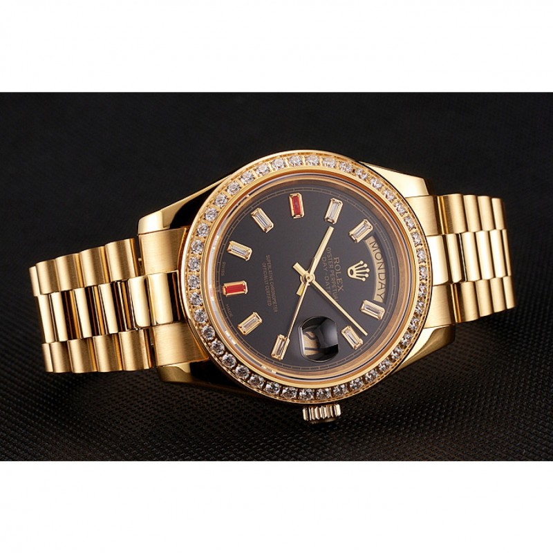 Swiss Rolex Day-Date Diamonds And Rubies Black Dial Gold Bracelet 1454101-3
