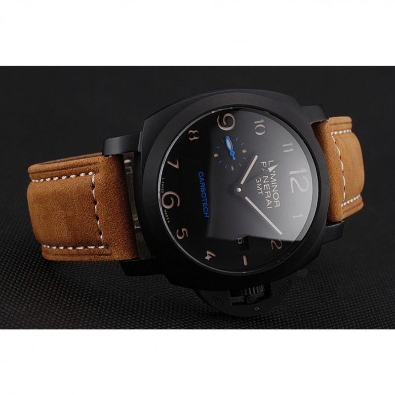 Swiss Panerai Luminor GMT Carbotech Black Dial Black Case Brown Leather Strap-3