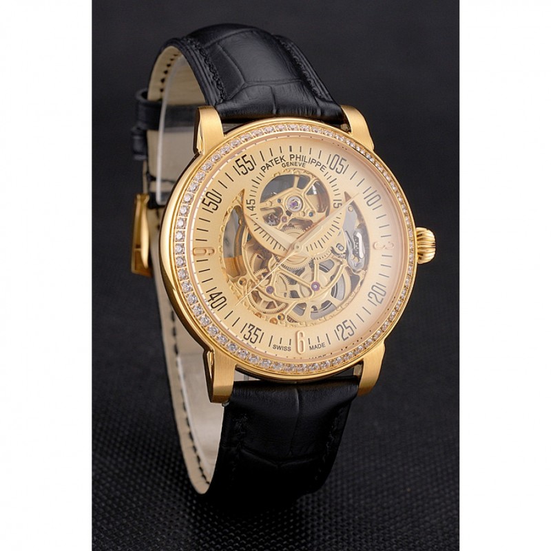 SS Swiss Patek Philippe Complications Openworked Dial Gold Case Diamond Bezel Black Leather Strap-2
