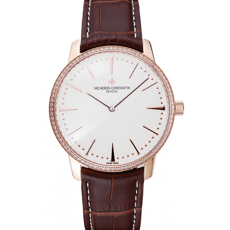 Swiss Vacheron Constantin Patrimony Grand Taille White Dial Rose Gold Diamonds Case Brown Leather Bracelet 1454171-0