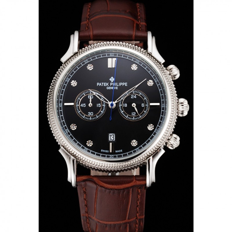 Patek Philippe Chronograph Black Dial With Diamonds Stainless Steel Case Brown Leather Strap-1