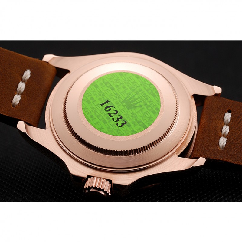 Luxury Replica Watches Rolex Yacht Master Black Dial Rose Gold Case Brown Leather Bracelet 1453861-6