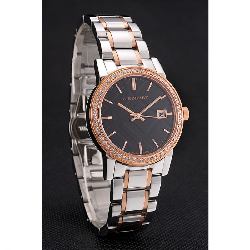 Burberry The City Black Dial Rose Gold Diamond Bezel Stainless Steel Case Two Tone Bracelet-2