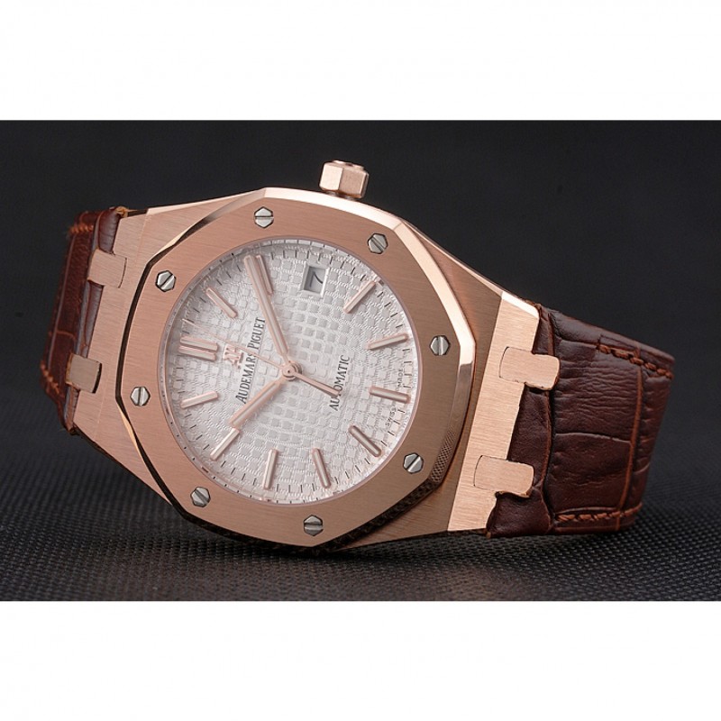 Swiss Audemars Piguet Royal Oak White Dial Gold Case Brown Leather Strap-4