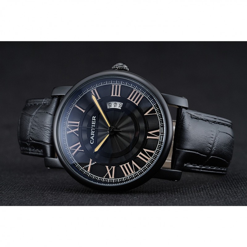 SS Cartier Rotonde Black Dial Black Case Black Leather Bracelet 1454218-3