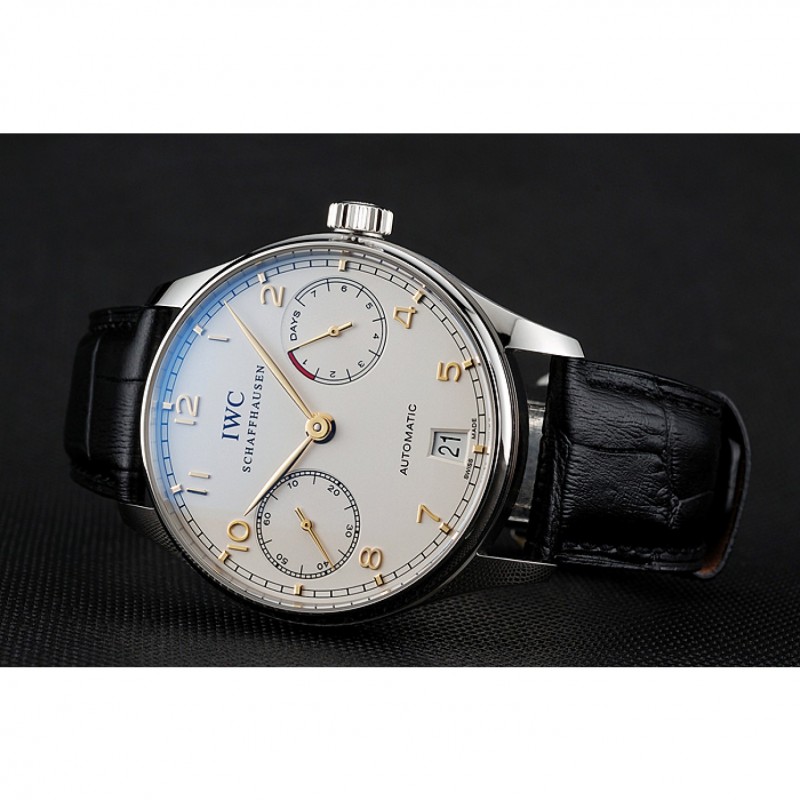 Swiss IWC Portuguese White Dial Gold Numerals Silver Case Black Leather Bracelet 1453908-3