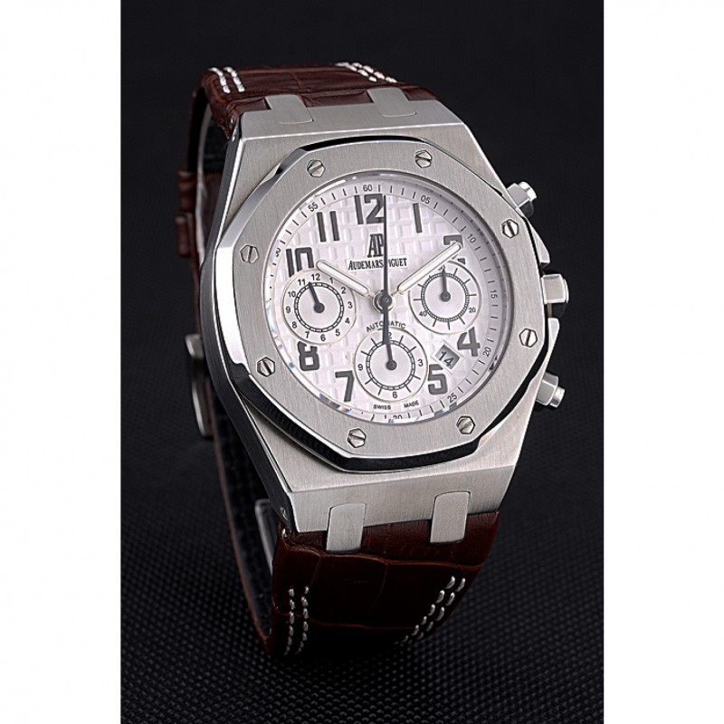 Swiss Audemars Piguet Royal Oak Chronograph White Dial Stainless Steel Case Brown Leather Strap 622864-2