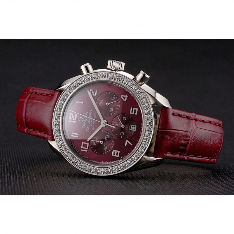 SS Replica Watches Omega Speedmaster Burgundy Dial Stainless Steel Case Diamond Bezel Burgundy Leather Strap-3
