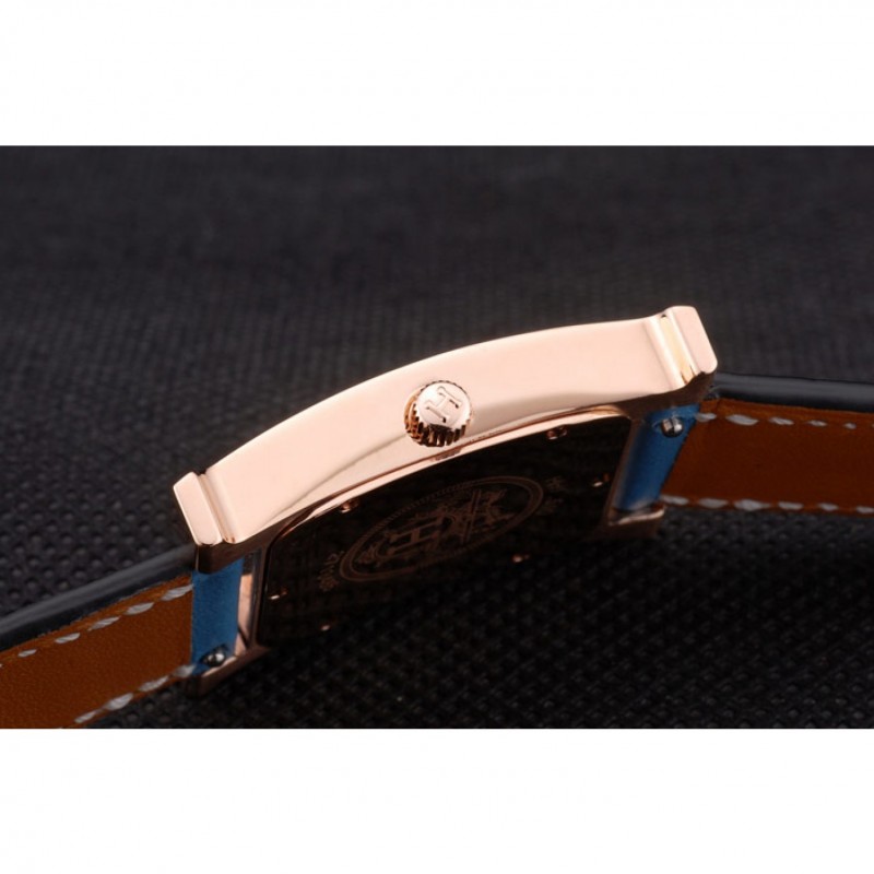 Hermes Heure H Rose Gold Diamond Encrusted Bezel Blue Leather Strap White Dial 80238-7