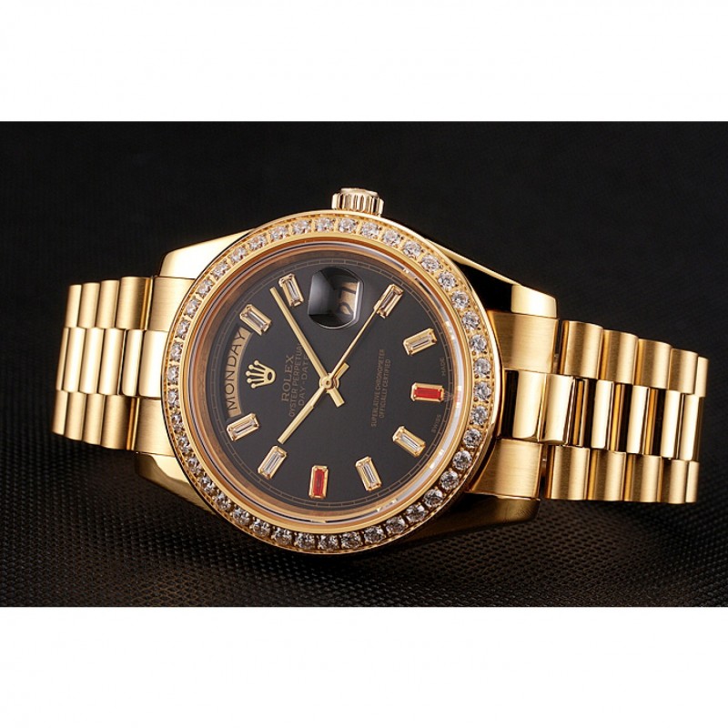 Swiss Rolex Day-Date Diamonds And Rubies Black Dial Gold Bracelet 1454101-4