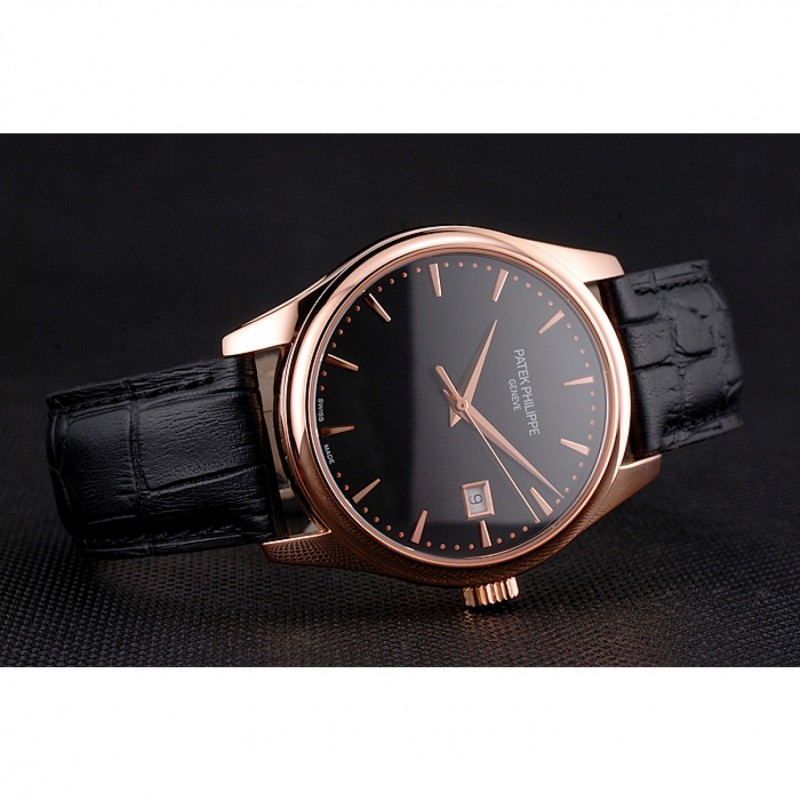 Swiss Patek Philippe Calatrava Black Dial Rose Gold Case Black Leather Strap-3