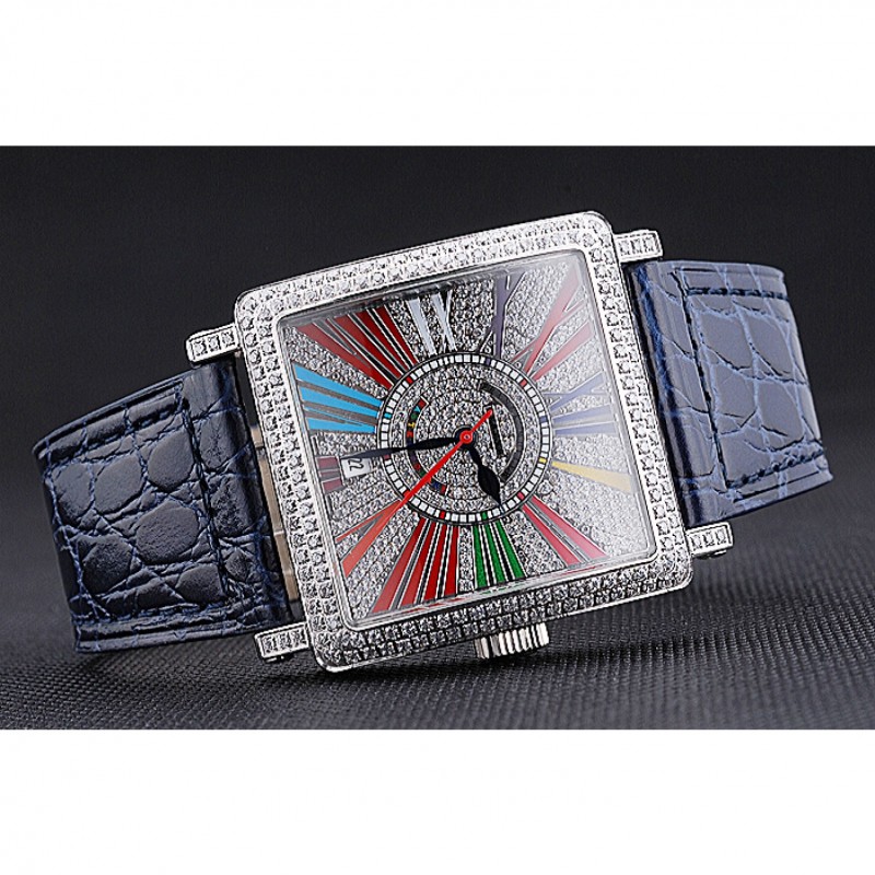 High Quality Replica Watches Franck Muller Master Square Color Dreams Diamonds Dial Diamonds Case Blue Leather Strap 622359-2