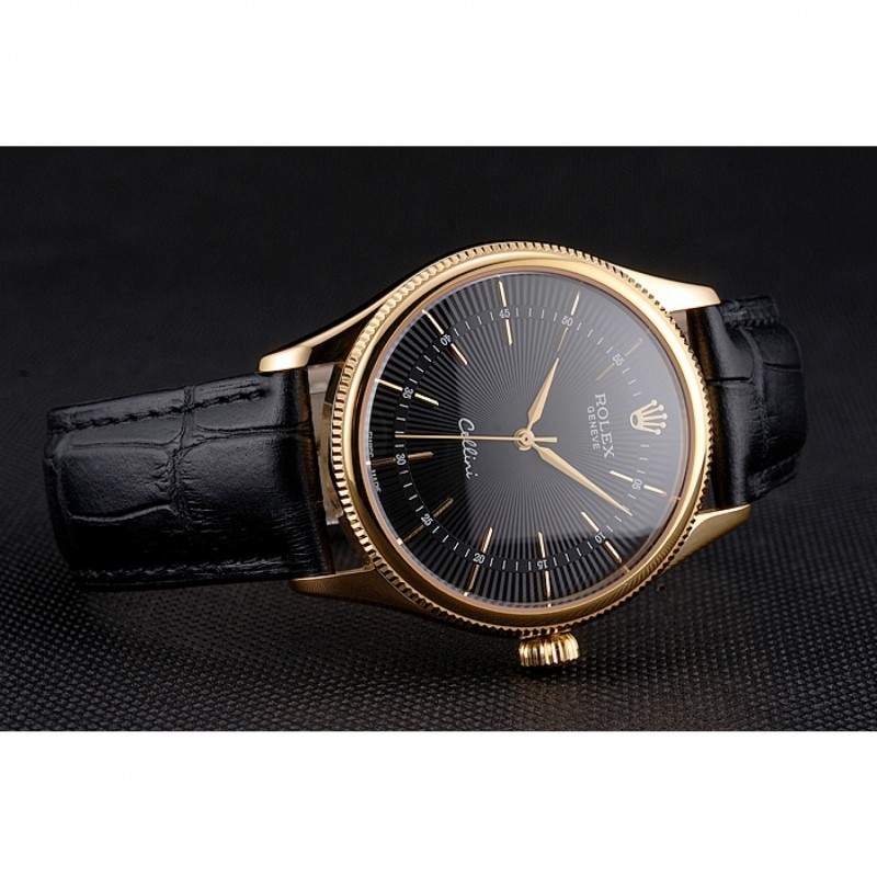 Best Replica Watches Swiss Rolex Cellini Black Dial Gold Markings Gold Case Black Leather Strap-3