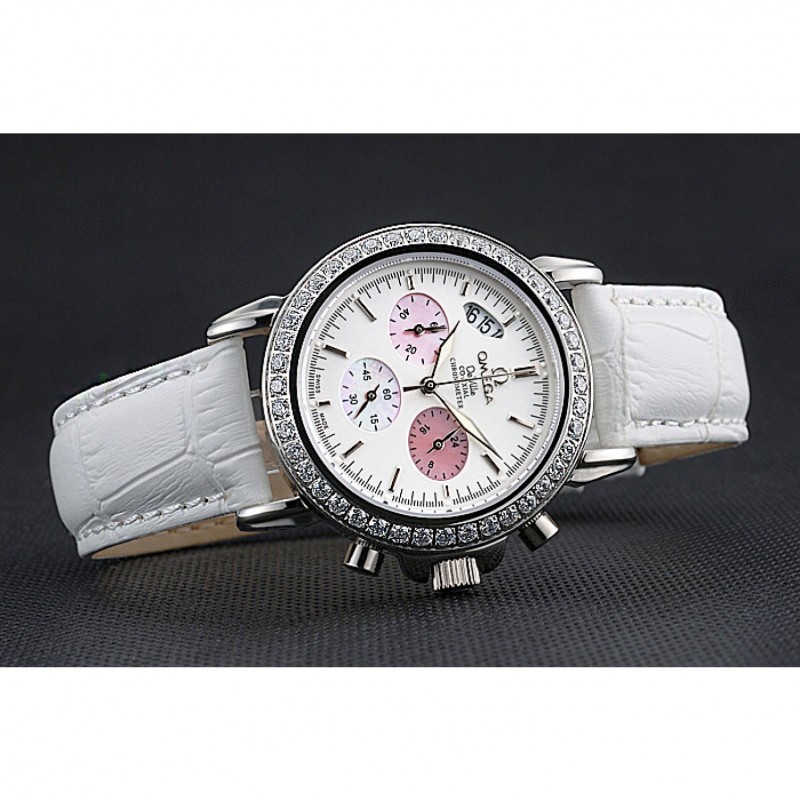 Best Omega De Ville Chronograph White Dial Stainless Steel Diamond Case White Leather Bracelet 622453-3