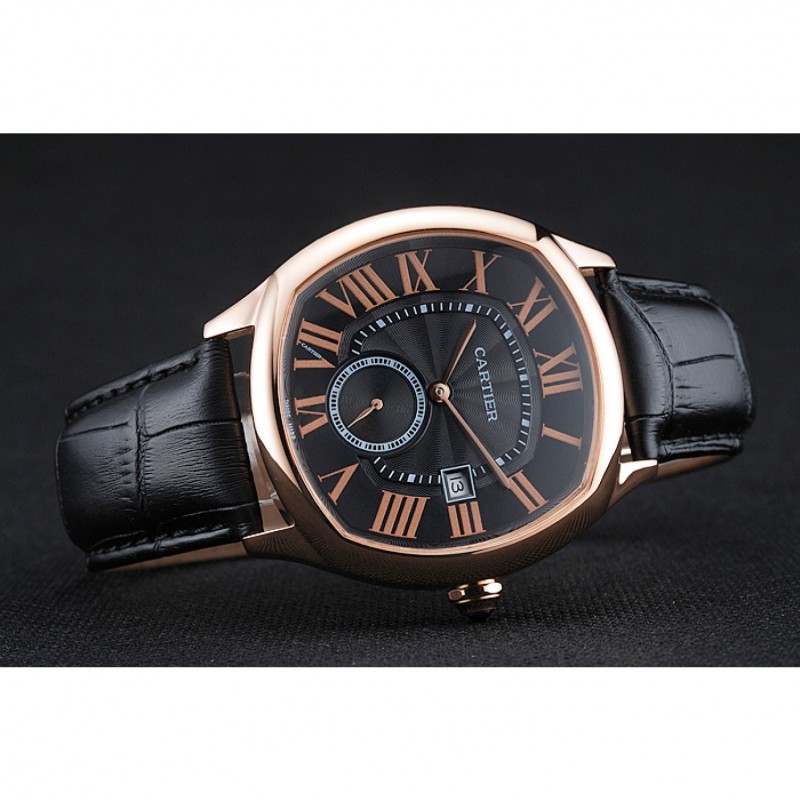 Cartier Drive De Cartier Black Dial Gold Case Black Leather Bracelet 1454214-4