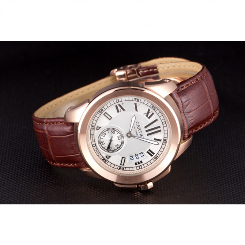 Best Cartier Calibre White Dial Gold Case Brown Leather Bracelet-3