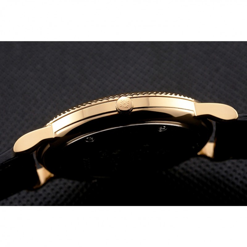 AAA Replica Watches Patek Philippe Calatrava Gold Dial Roman Numerals Ribbed Bezel Gold Case Black Leather Strap-8