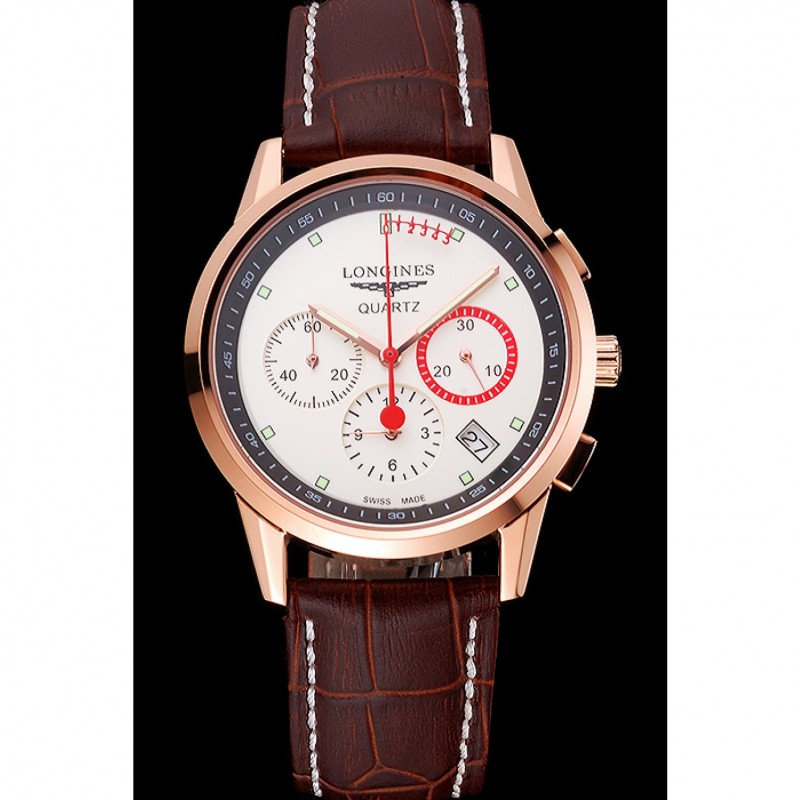 Luxury Replica Watches Longines Column Wheel White Dial Gold Case Brown Leather Strap-1