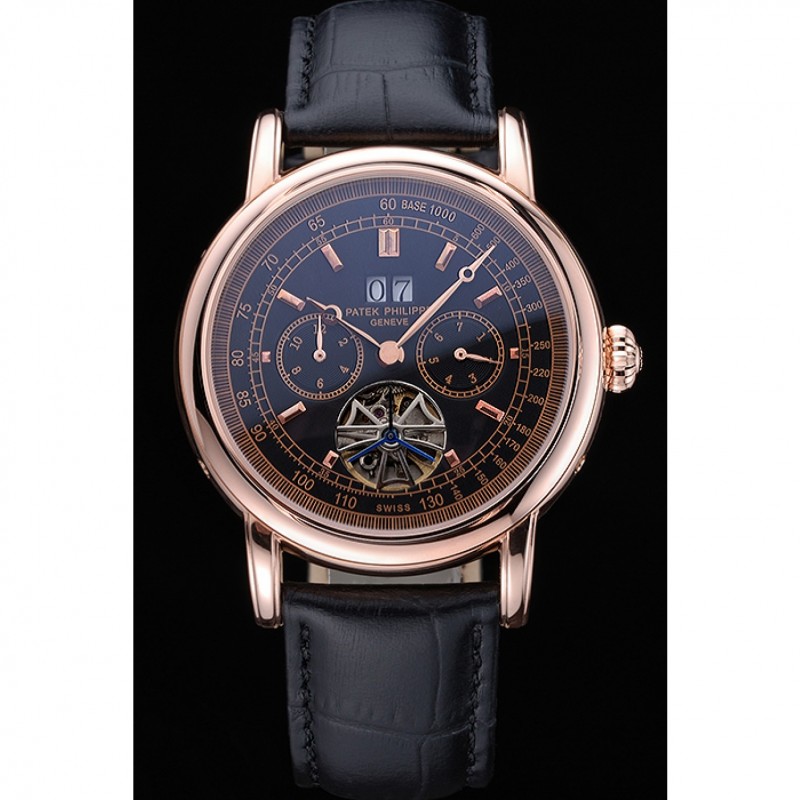 Patek Philippe Geneve Grand Complications Black Dial Tourbillon Rose Gold Bezel Black Band 622157-1