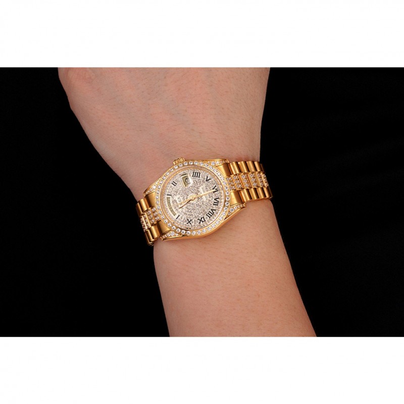 Best Replica Watches Swiss Rolex Day-Date Diamond Pave Dial Gold Diamond Bracelet 1453956-8