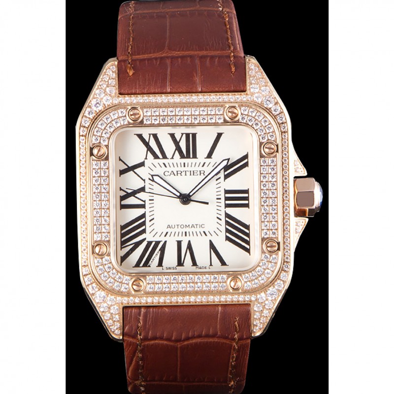 Swiss Cartier Santos Rose Gold Bezel with Diamonds and Brown Leather Strap sct46 621530-1