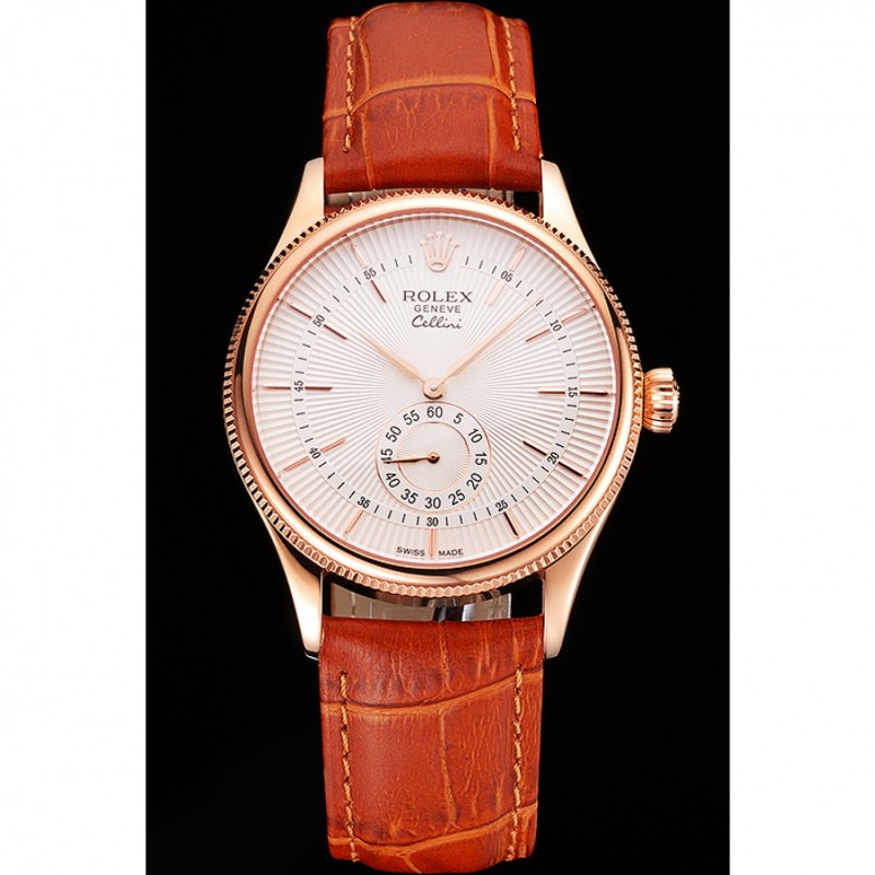 Swiss Rolex Cellini White Dial Rose Gold Case Light Brown Leather Strap-1