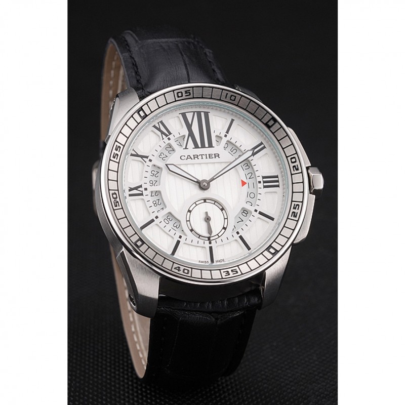 Cartier Calibre De Cartier Small Seconds White Dial Stainless Steel Case Black Leather Strap-2